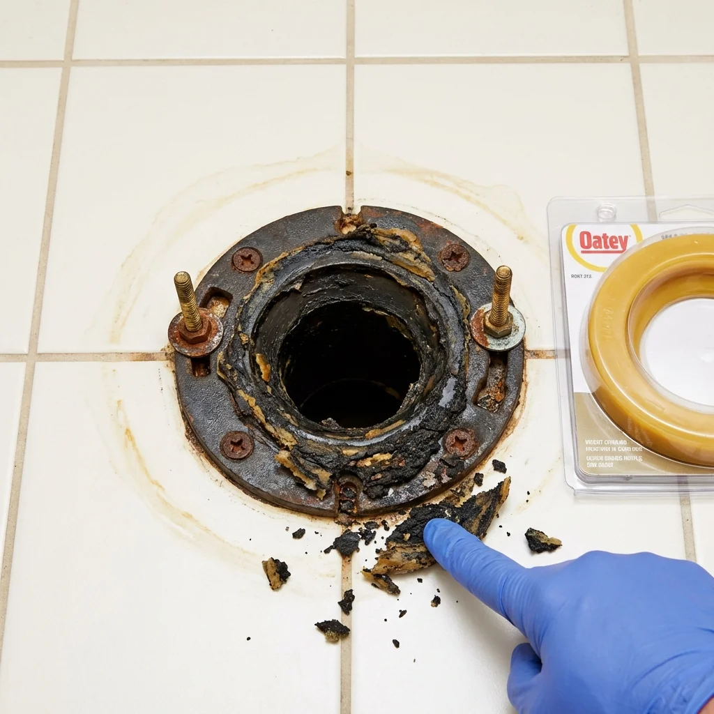 Failed wax ring showing water seepage at the base of a toilet in a Le Roy, IL home