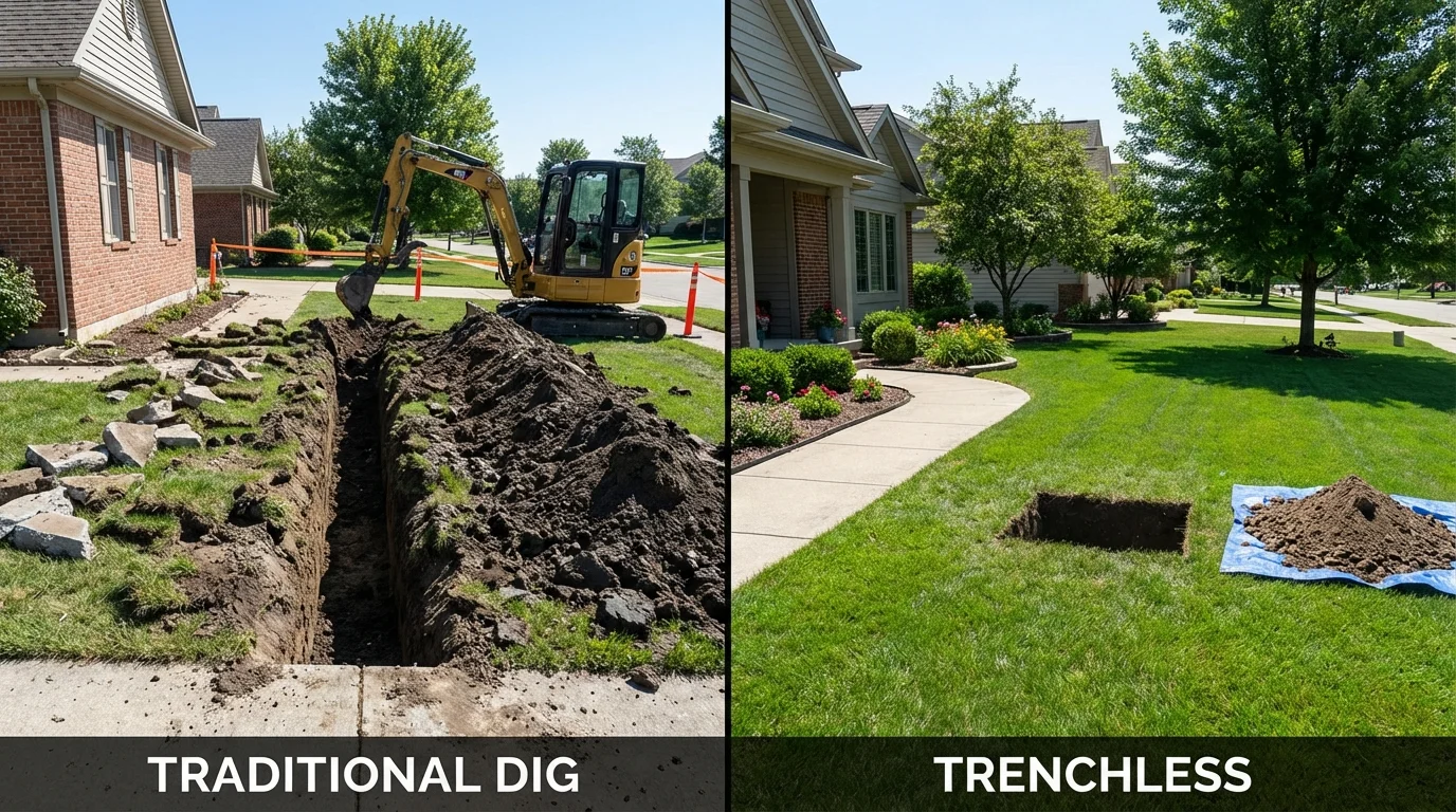 Trenchless sewer repair with minimal yard damage versus traditional excavation in Le Roy, IL