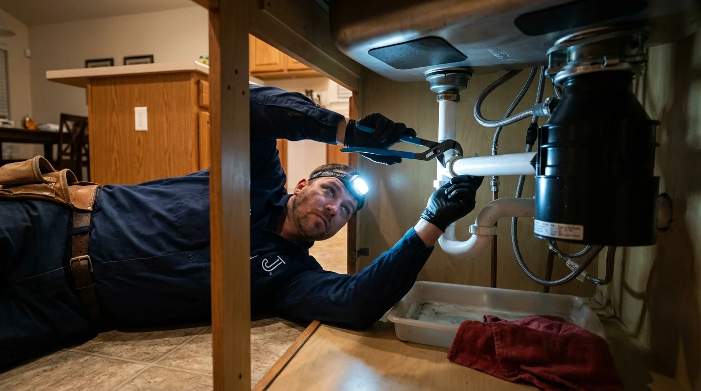 P-trap and supply line connections under a kitchen sink showing a common leak point in Le Roy, IL